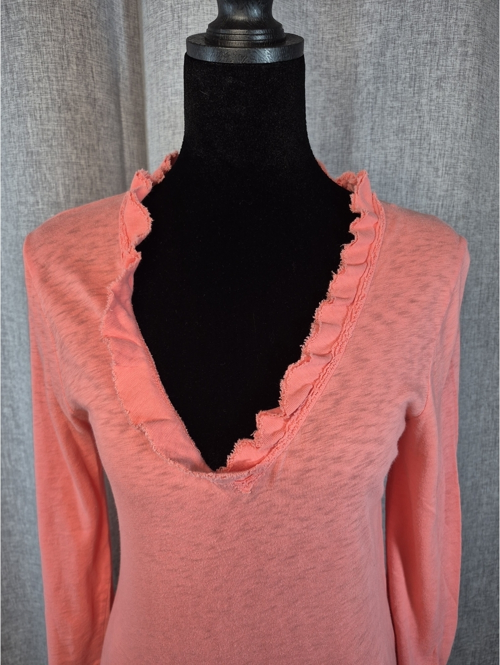 J.Crew 100% Cotton Ruffle Trim V-Neck Long Sleeve Tee Top Coral Pink Medium
